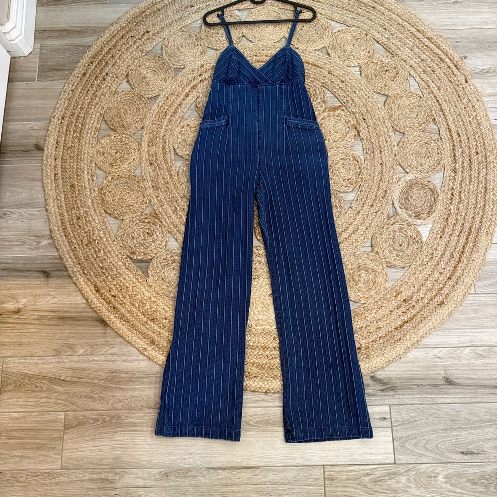Anthropologie Navy Pinstripe Wide-Leg Jumpsuit